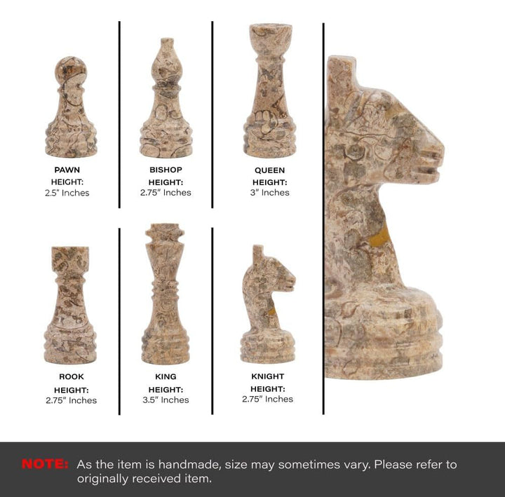 Set of stone chess pieces with height measurements 