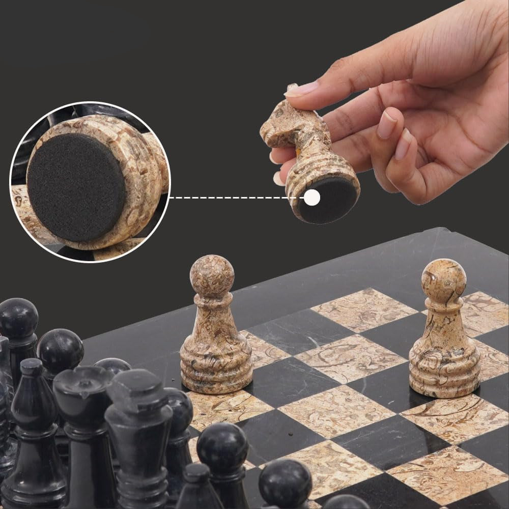 Hand holding a rustic chess piece over a chessboard with close-up of piece texture.