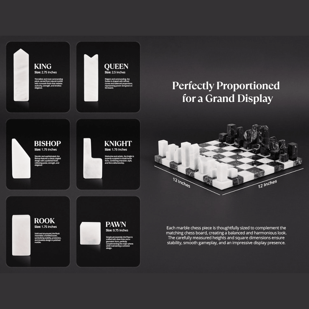 Modern Marble Chess Set 12" Black & White with Borderless board