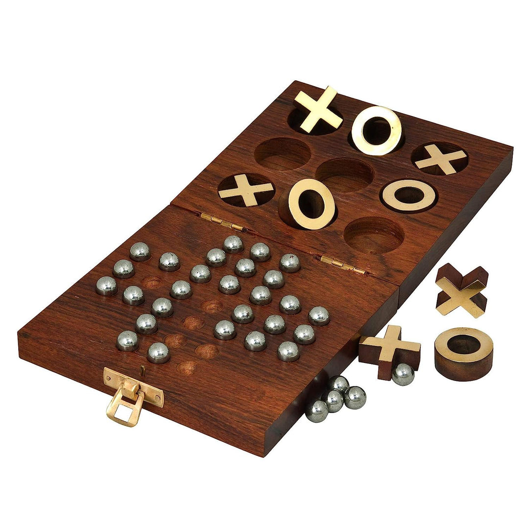 Wooden Two in One Tic Tac Toe and Solitaire Board Game