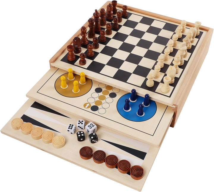 7-in-1 Wooden Board Game Set | Tabletop Combo Classic Travel Board Games