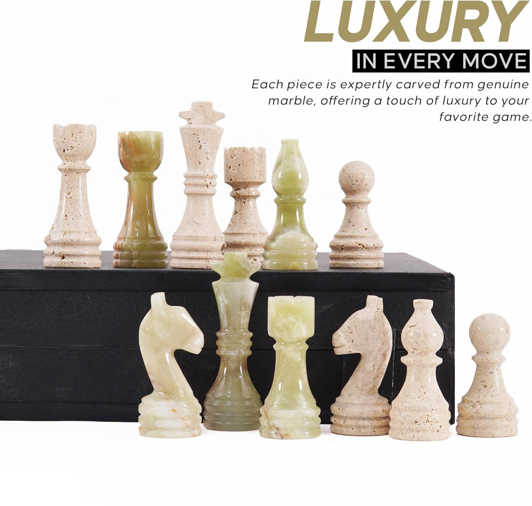 Marble Chess Set 15 Inch Handmade Travertine & Green Onyx