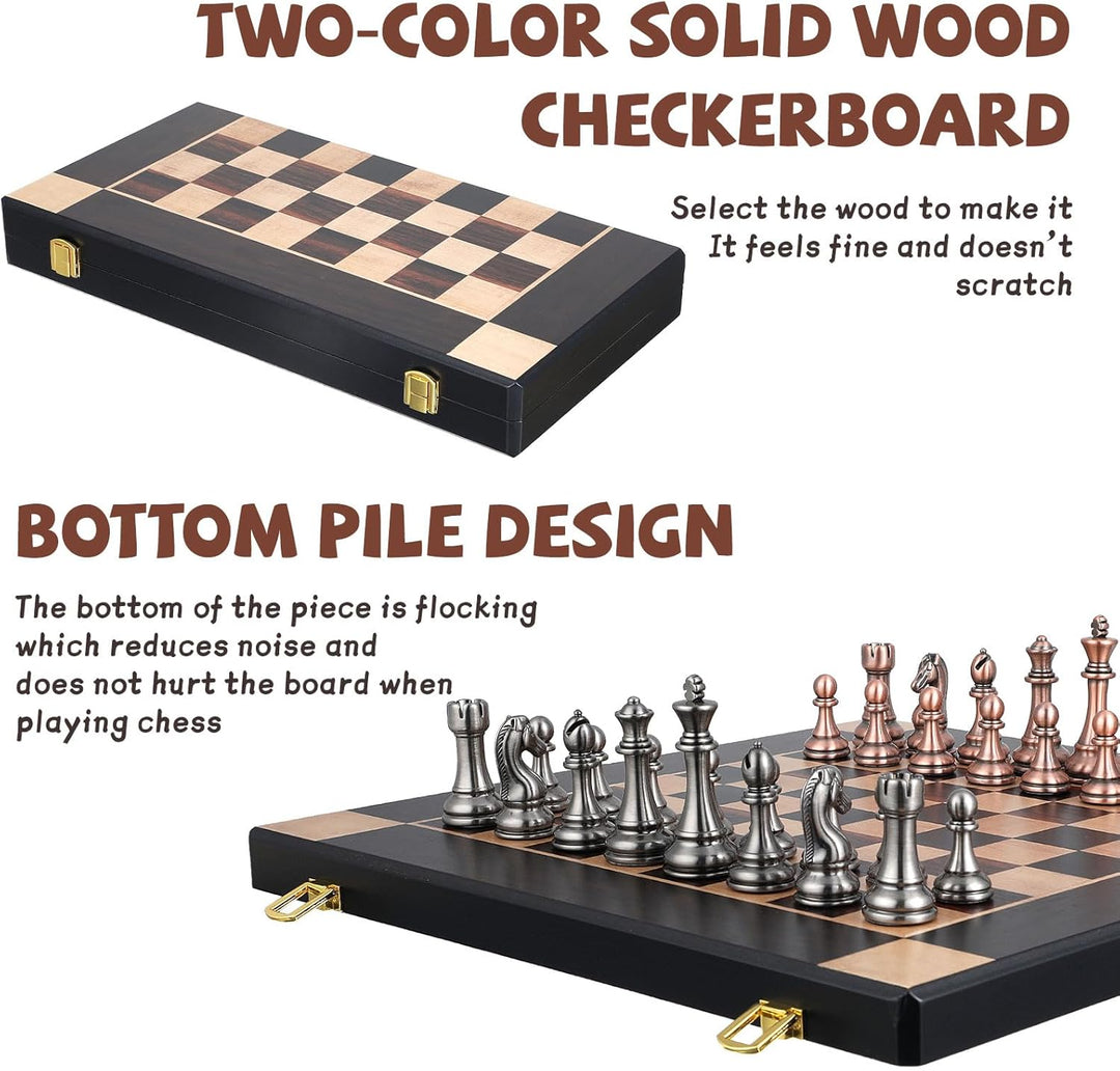 15-Inch Large Chess Set with Metal Chess Pieces – Foldable Wooden Board with Storage