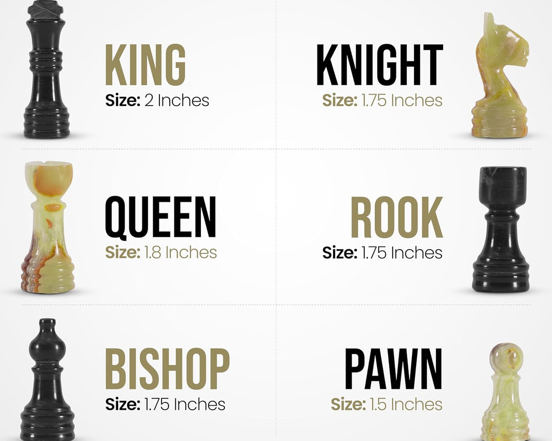 Chess pieces with sizes labeled on a white background