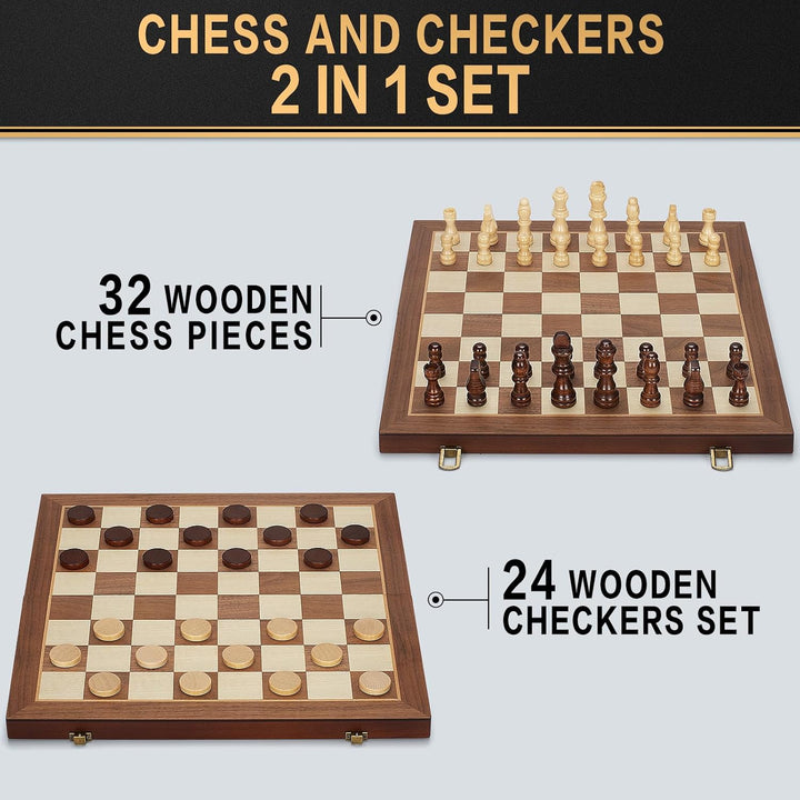 2 in 1 Magnetic Wooden Chess and Checkers Board Game Set