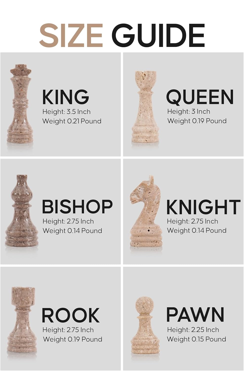 Size guide for chess pieces with measurements and weights on a white background