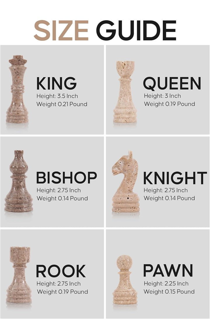 Size guide for chess pieces with measurements and weights on a white background