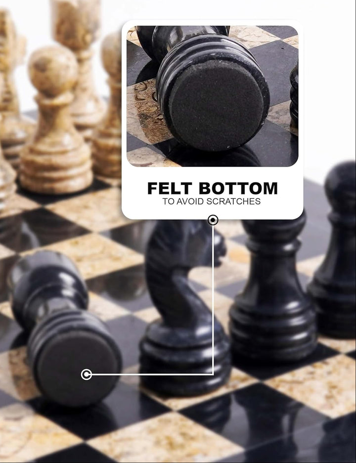 Marble chess set with close-up of pieces on a checkered surface
