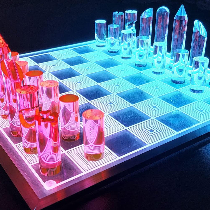 OnDisplay 3D Luxe Acrylic Fire & Ice LED Light Glowing Chess Set