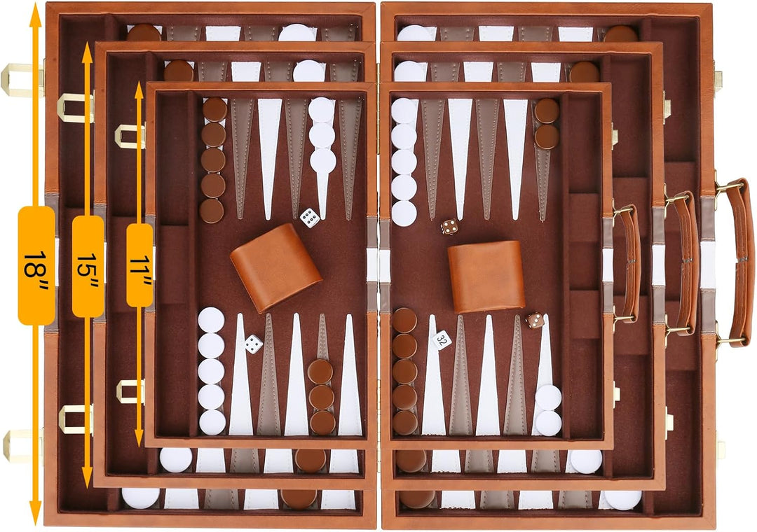 Backgammon Set - Classic Board Game in Brown for Adults and Kids with Premium Leather Case - with Strategy & Tip Guide