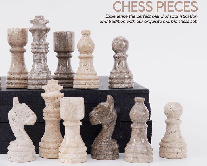 Marble chess pieces on a black base with 'Exquisite Chess Pieces' text 