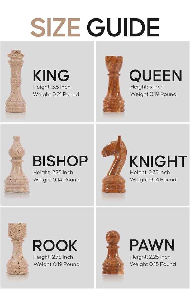 Size guide for wooden chess pieces with labels and measurements.