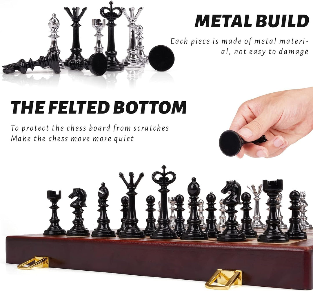 Metal Chess Set and Checkers Game Set 15 inch Black and Silver