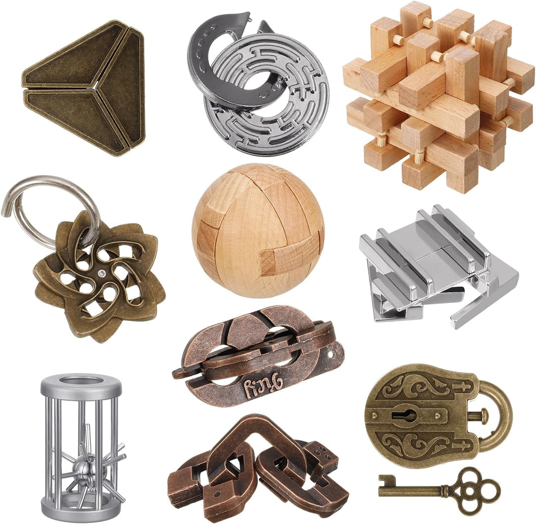 Lock Interlock 10 Pcs Wooden and Metal Brain Teaser Puzzles