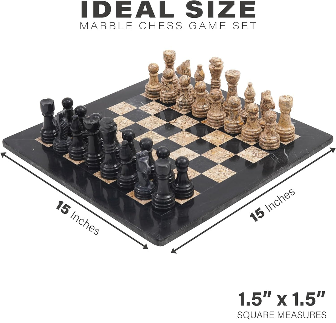 Marble chess game set with dimensions and 'Ideal Size' text on a white background
