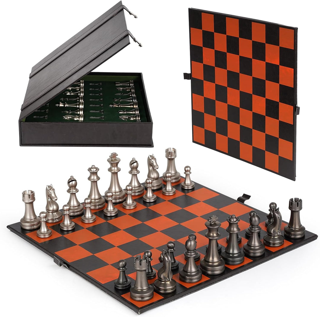 Metal Chess Set for Adults and Kids – 12" Leather Chess Board with Weighted Metal Chess Pieces