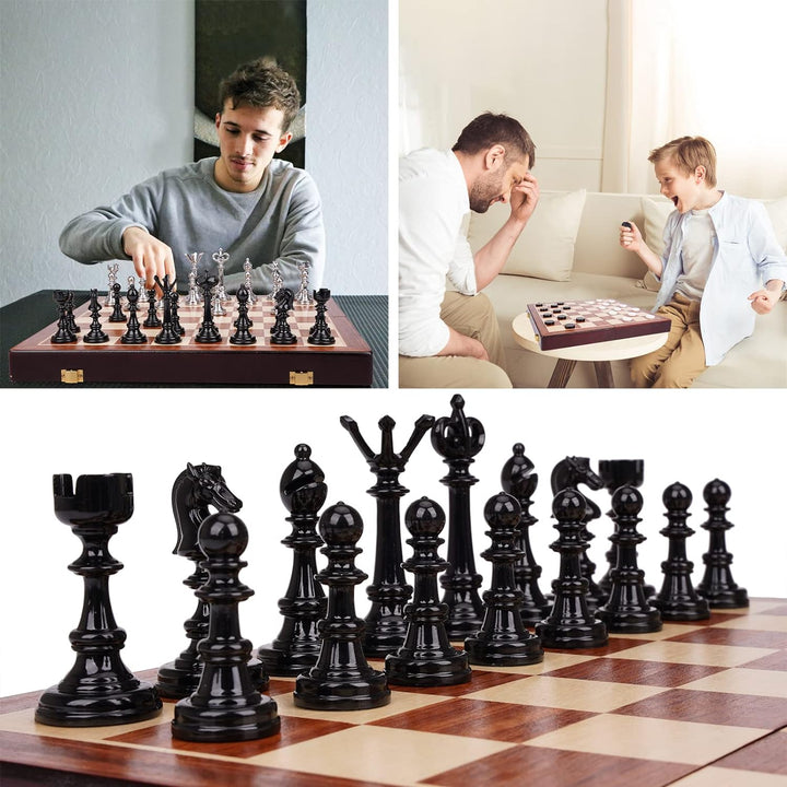 Metal Chess Set and Checkers Game Set 15 inch Black and Silver