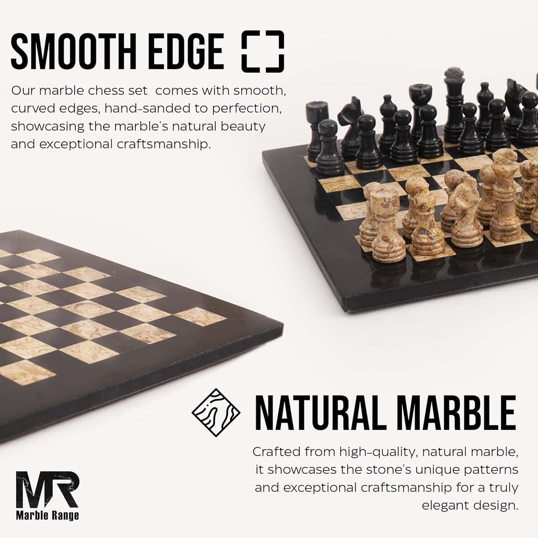 Marble Chess Set 10 Inches Fossil Coral and Black with Storagebox