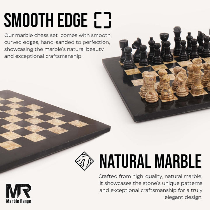 Marble Chess Set 10 Inches Fossil Coral and Black with Storagebox