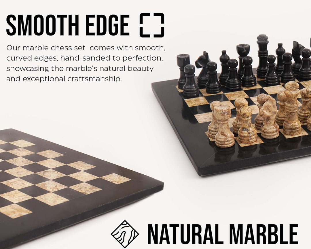 Marble chess set with black and beige pieces on a white background