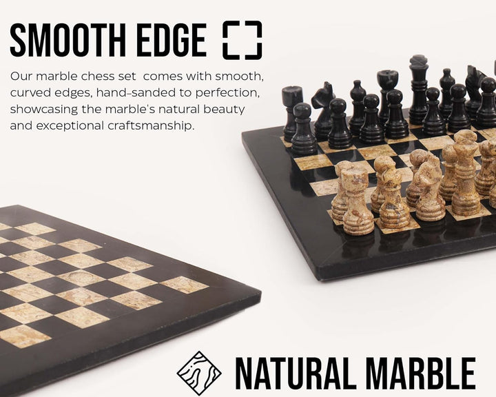 Marble chess set with black and beige pieces on a white background