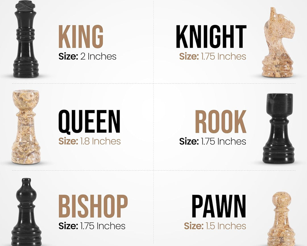 Chess pieces with sizes labeled on a white background