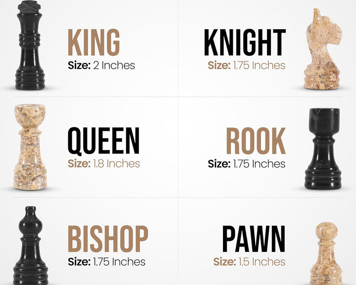Chess pieces with sizes labeled on a white background