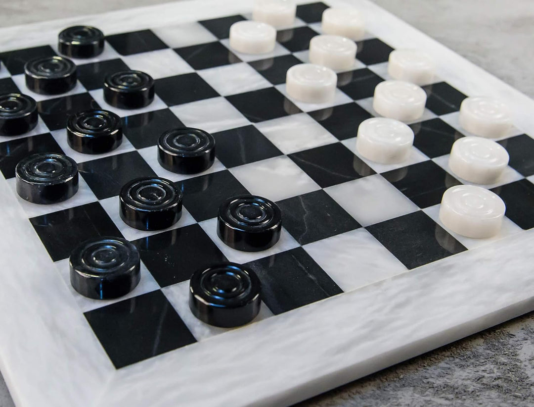 Marble Checkers Board Game 15 Inches White and Black