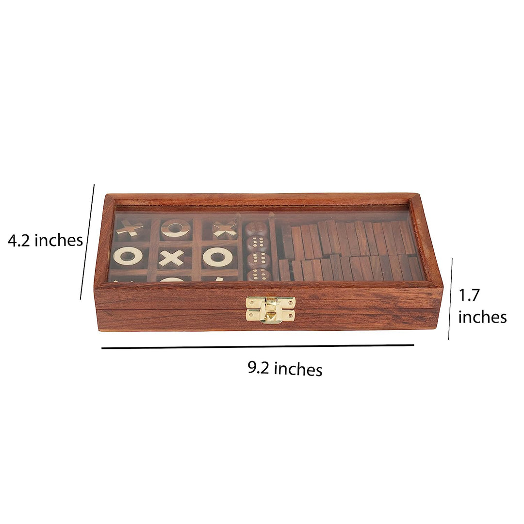 3-in-1-Gesellschaftsspielset aus Holz | 28 Dominosteine, Tic-Tac-Toe und Holzwürfel