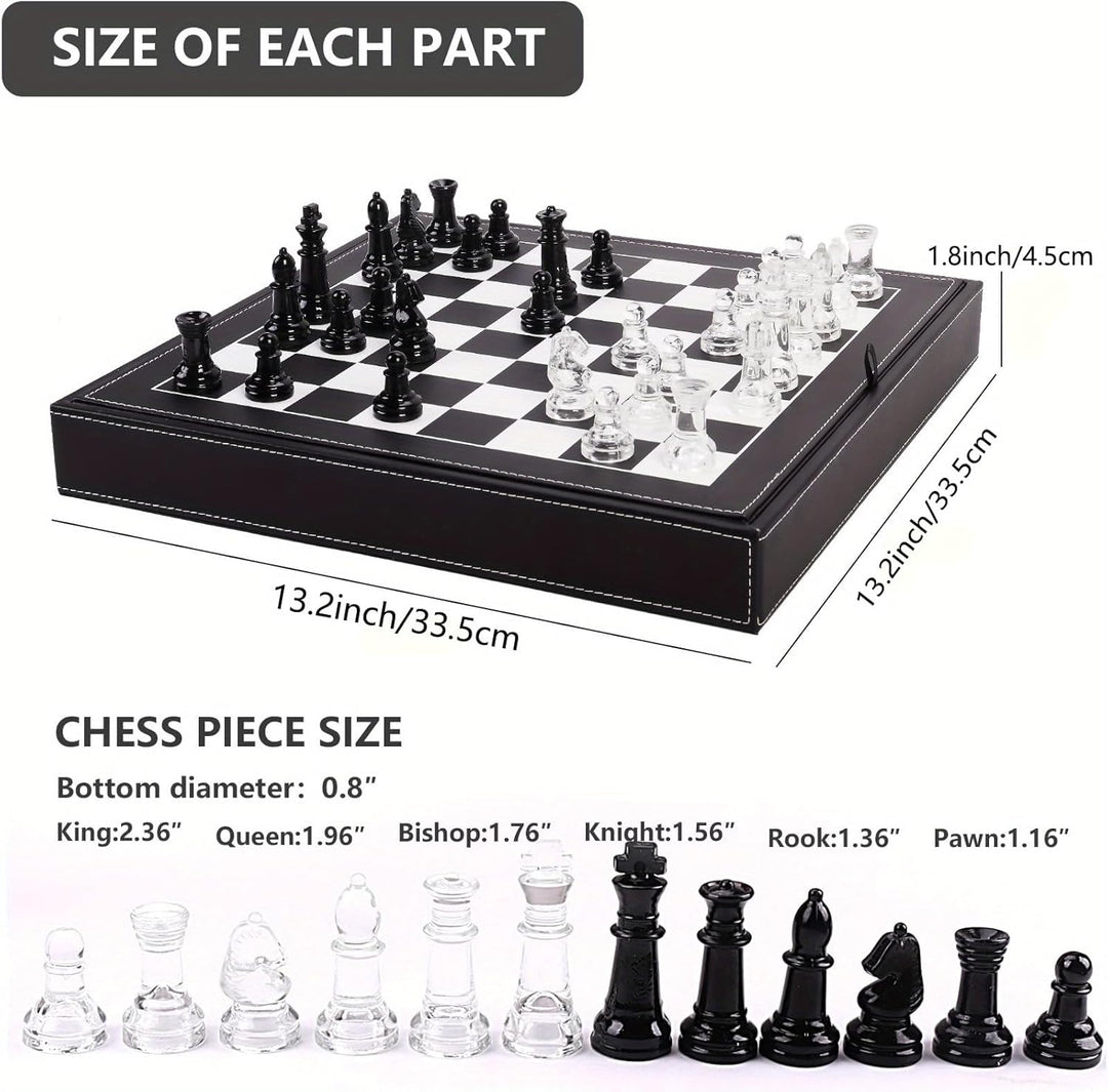 Luxury Glass Chess Set  Premium Leather Storage Case with 13.2” | Premium Gift