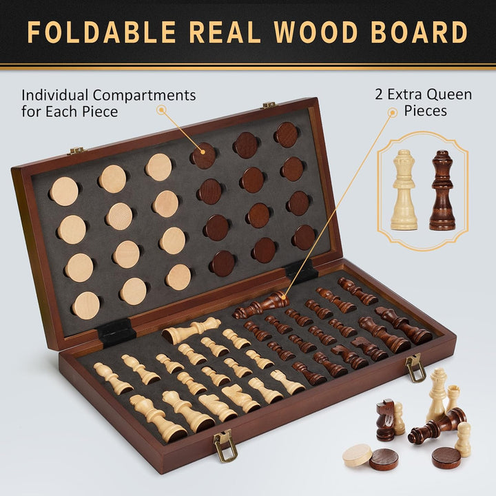 2 in 1 Magnetic Wooden Chess and Checkers Board Game Set