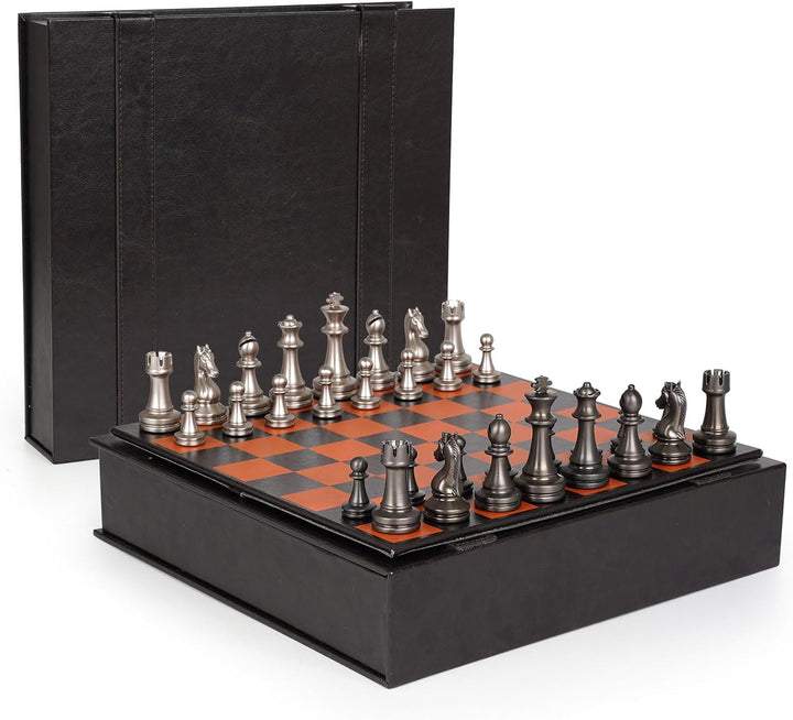 Metal Chess Set for Adults and Kids – 12" Leather Chess Board with Weighted Metal Chess Pieces
