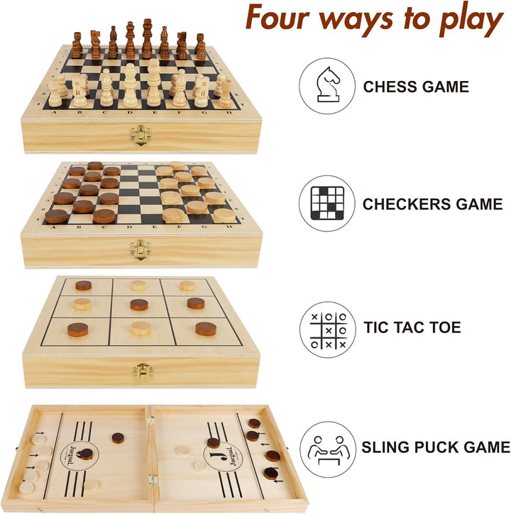 4-in-1 Wooden Fast Sling Puck | Chess | Checkers | Tic Tac toe