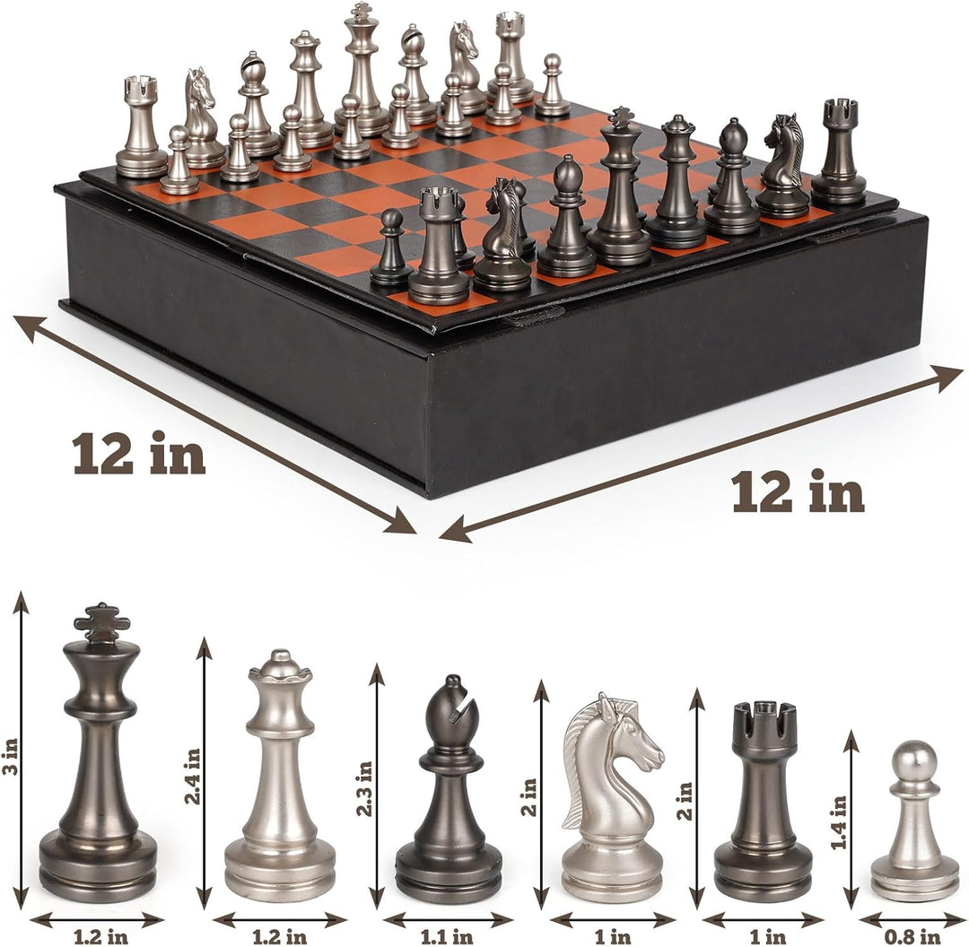 Metal Chess Set for Adults and Kids – 12" Leather Chess Board with Weighted Metal Chess Pieces