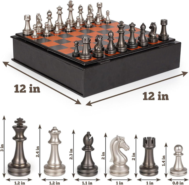 Metal Chess Set for Adults and Kids – 12" Leather Chess Board with Weighted Metal Chess Pieces
