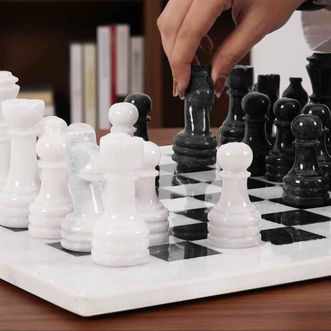 Black and White Marble Chess Set, 15" Board, 34 Hand-Polished Pieces, Storage Box