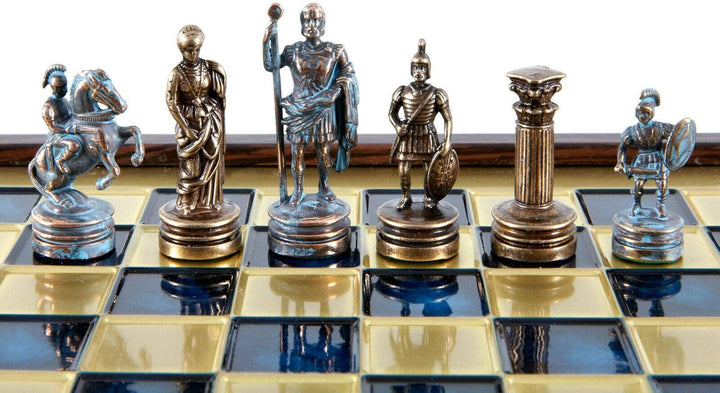 Greek-Roman Army Chess Set - Blue & Copper - Wooden Case - Blue Board