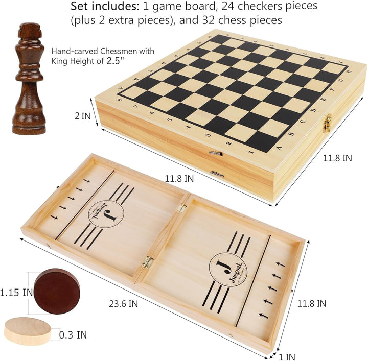 4-in-1 Wooden Fast Sling Puck | Chess | Checkers | Tic Tac toe