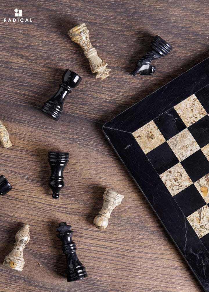 Chess pieces on a wooden surface with a checkered board
