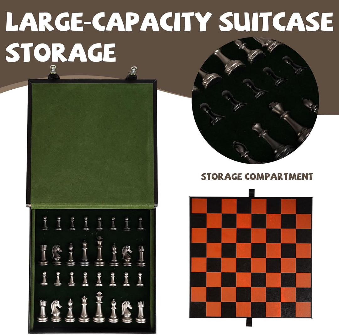 Metal Chess Set for Adults and Kids – 12" Leather Chess Board with Weighted Metal Chess Pieces