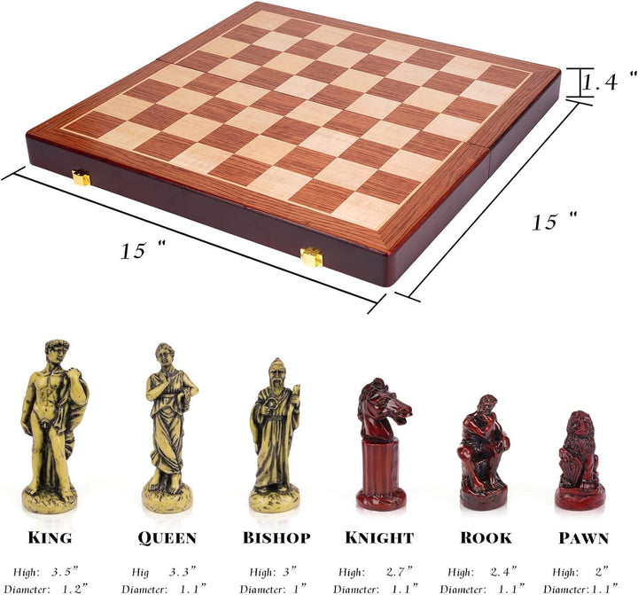 Retro Roman Chess Set with Resin Chess Pieces and Wooden Chessboard