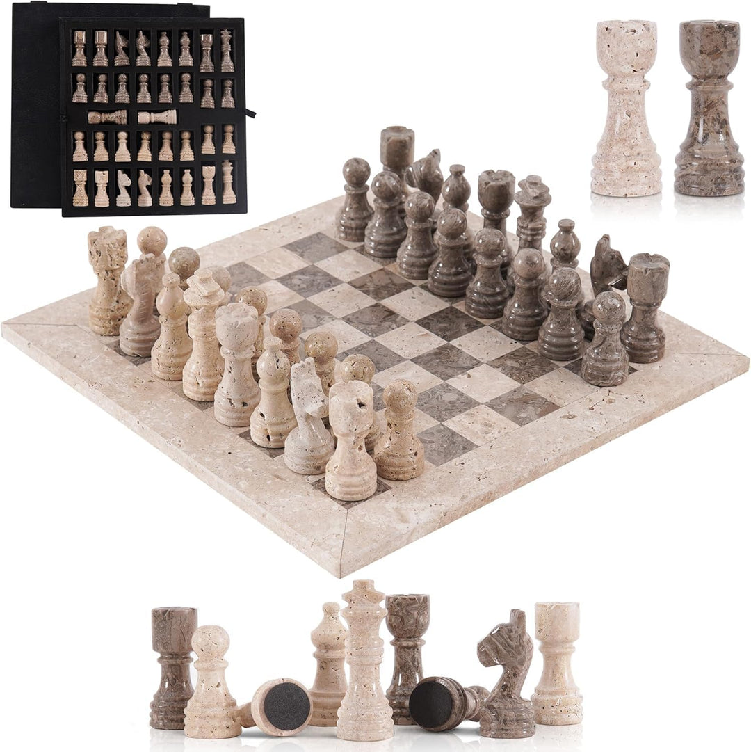 Marble Chess Set 15" Inches Handmade Travertine & Oceanic with Storagebox
