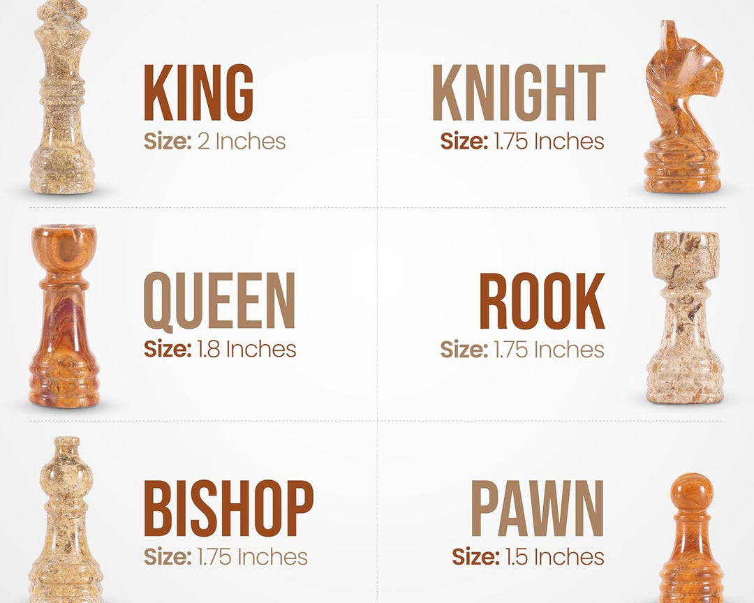Chess pieces with sizes labeled on a white background
