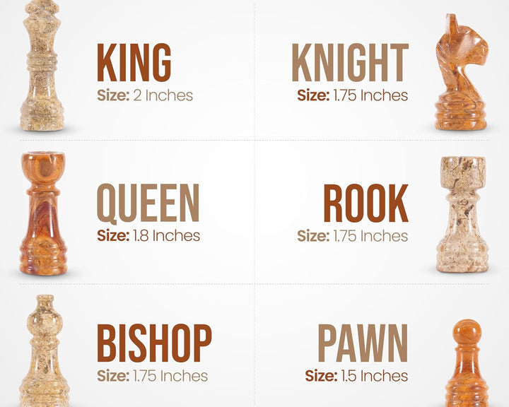 Chess pieces with sizes labeled on a white background