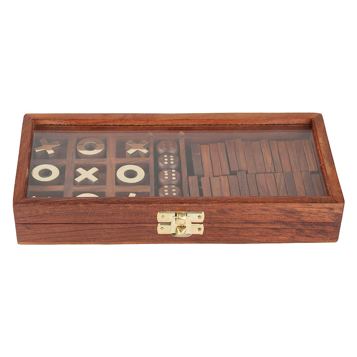 Ensemble de jeu de société 3 en 1 en bois | 28 dominos, Tic-Tac Toe et dés en bois