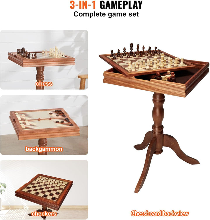 3-in-1 Chess Checkers Backgammon Table Set, 18 Inch Premium Wooden Chess Table