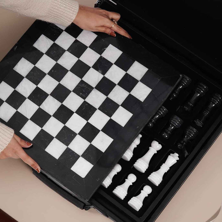 Black and White Marble Chess Set, 15" Board, 34 Hand-Polished Pieces, Storage Box