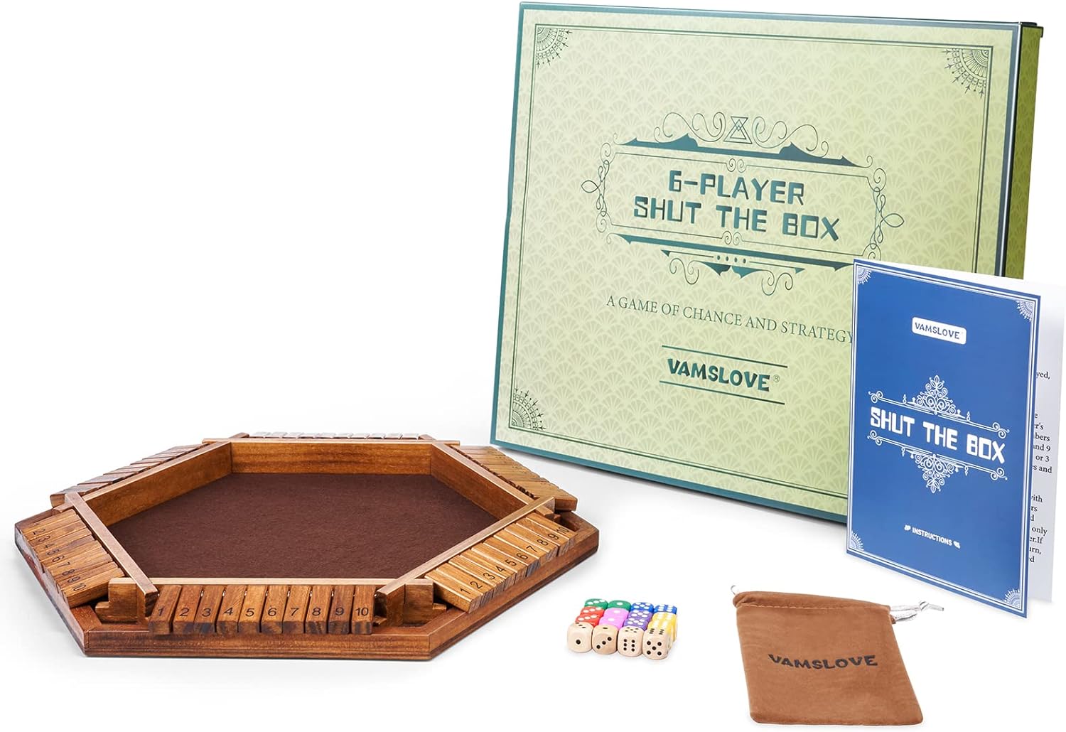 Wooden 'Shut the Box' game set with dice and packaging on a white background