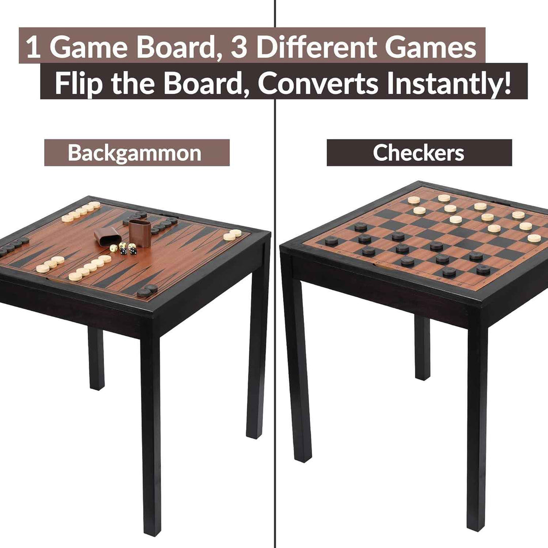 Wooden Chess Table | Chess, Checkers and Backgammon 3 in 1 Combo Game Table (Dark Zebra)