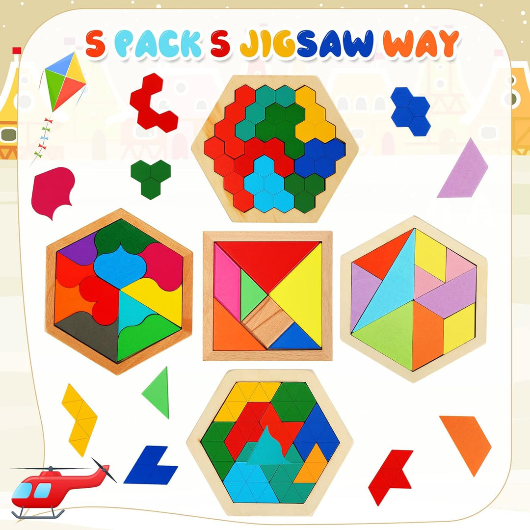 5 Pack Wooden Hexagon Puzzle for Kid